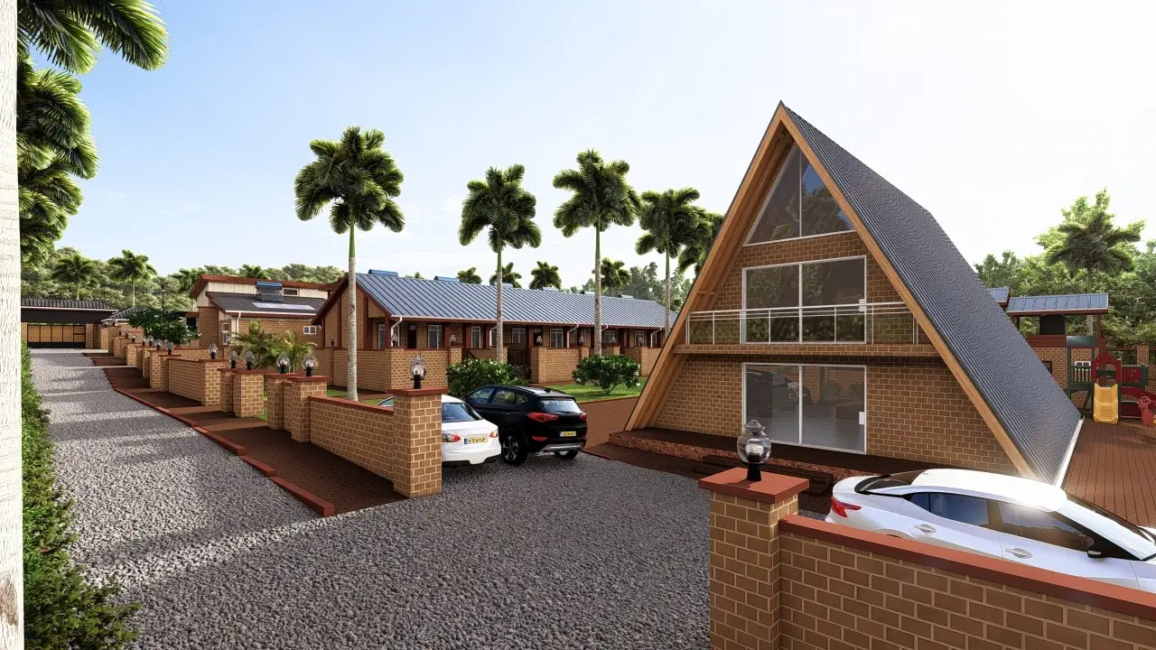 Artist's impression: An A-frame house beside a road and boundary wall