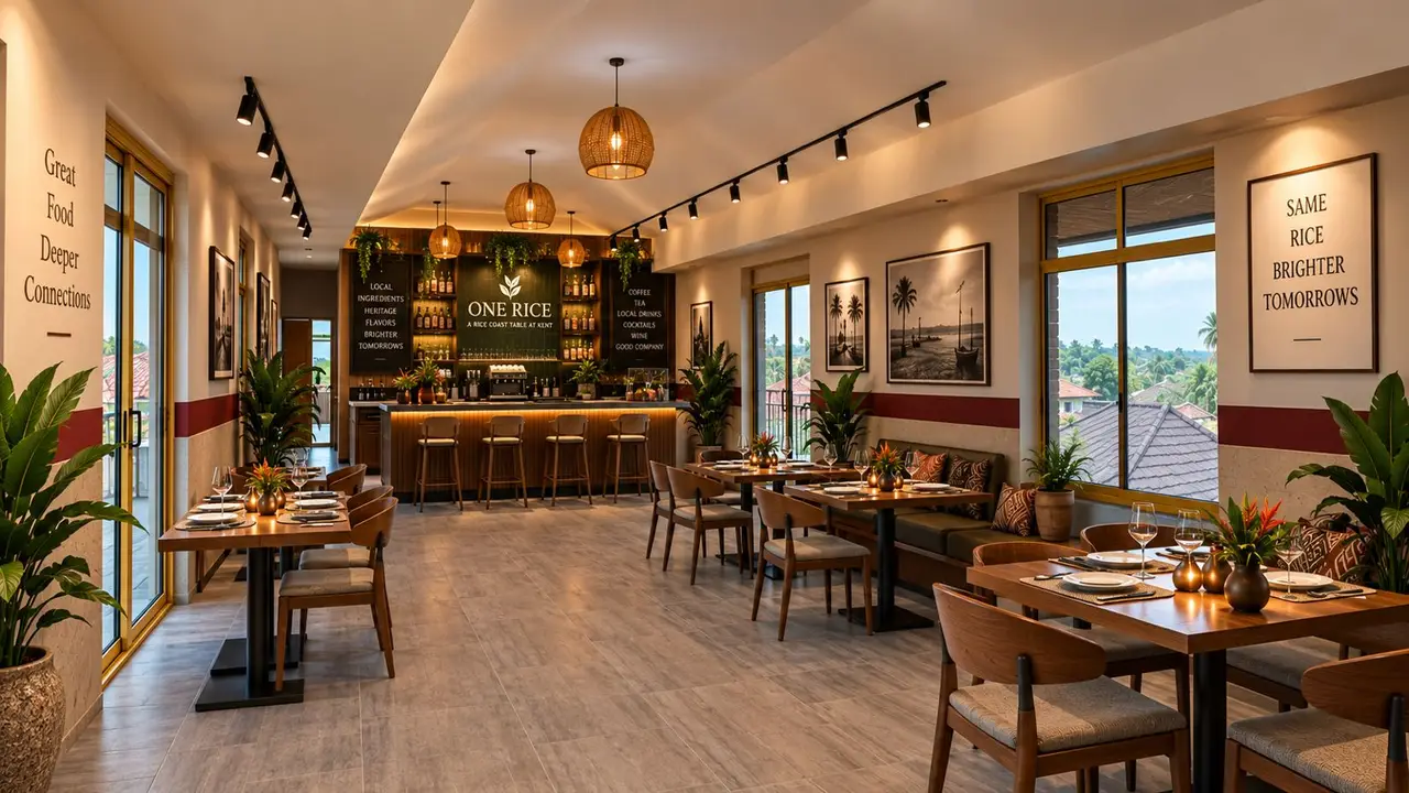 Artist's impression: A restaurant dining room with tables, pendant lights and a bar