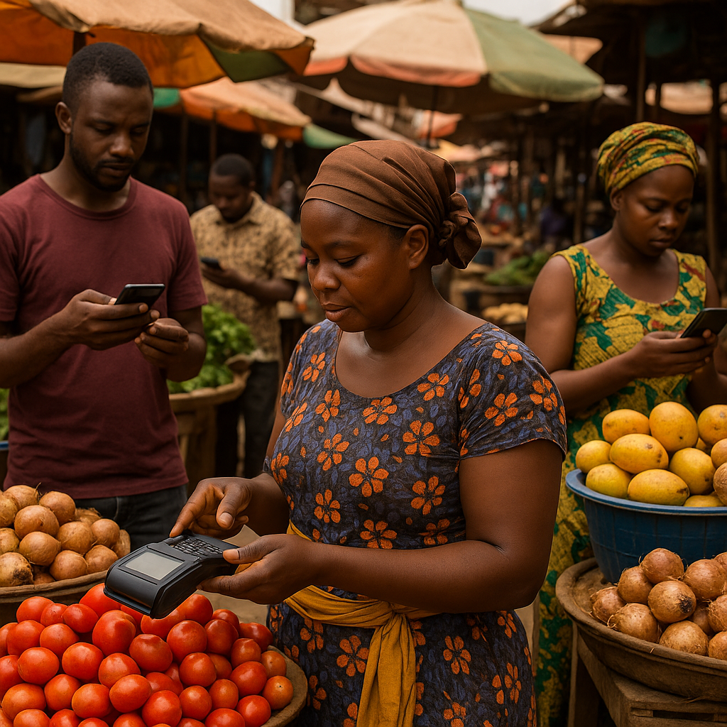 An African local market setting with traders using cellphones, and mobile POS systems
